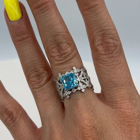 New, no tags, solid sterling, aquamarine, diamonds, intricate silver setting - Picture 1 of 12